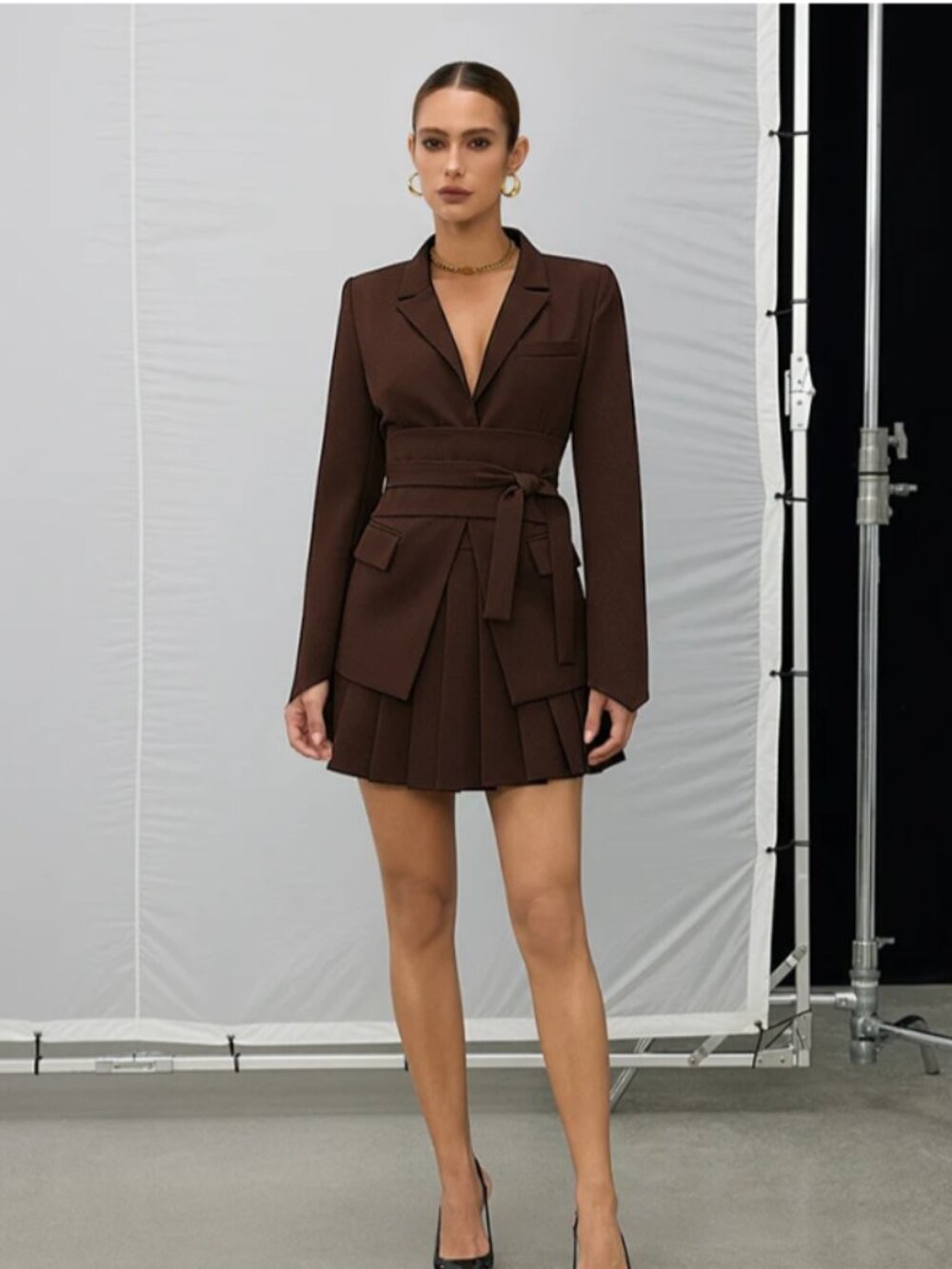 Commense Brown Belted Cinched Waist Blazer - L
